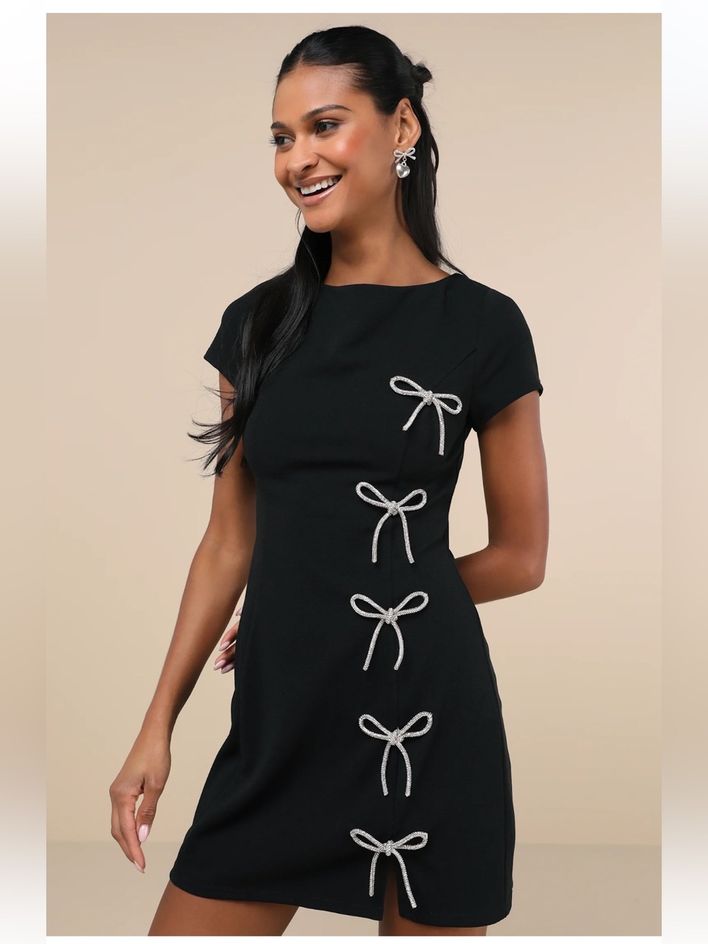 Lulu’s Endearing Sparkle Black Rhinestone Bow Mini Dress